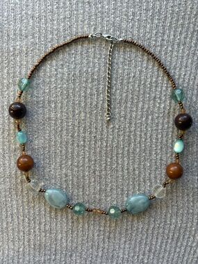 Bohemian theme silver tone blue, brown & clear beaded adjustable chain necklace